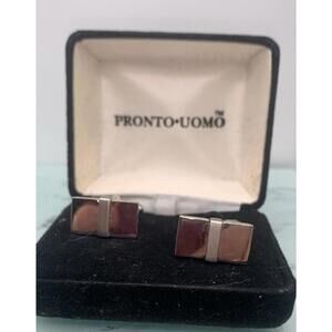 Pronto-Uomo Shiny And Matte Silver tone Rectangular Cufflinks Box Included